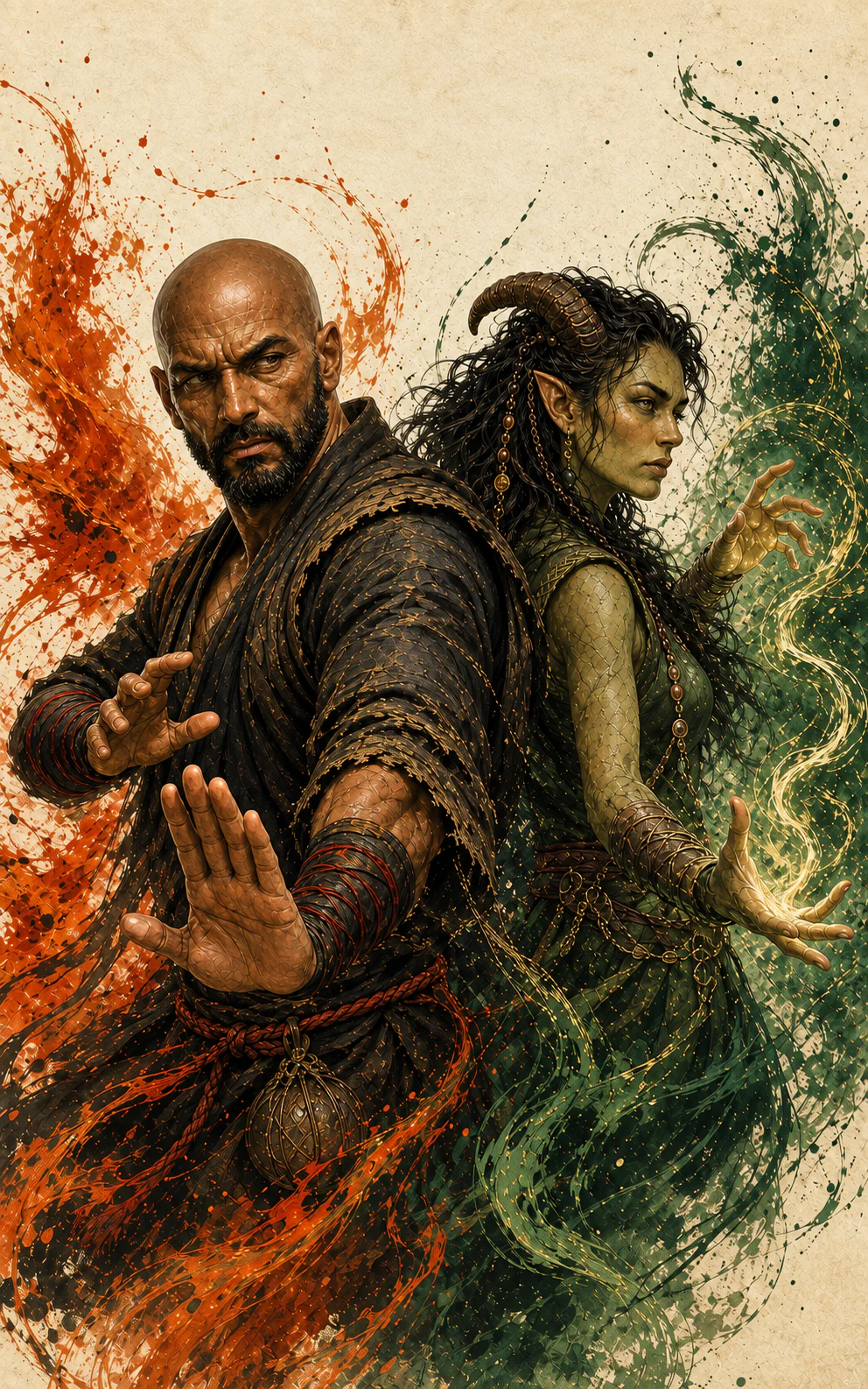 Rishi and Maeril standing back to back while casting amid orange and green brushwork