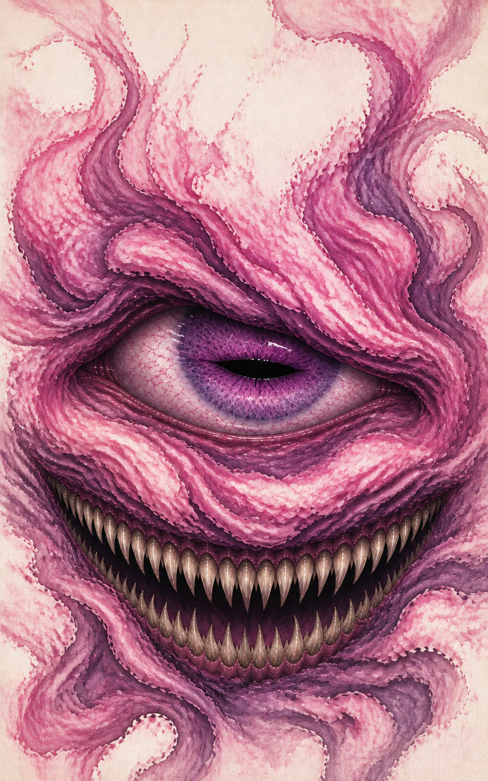 A grotesque pink-purple nightmare with one enormous eye and a tooth-filled mouth
