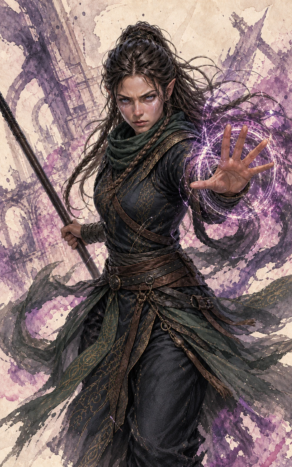 Naeris standing in Sigil with a luminous magical gesture