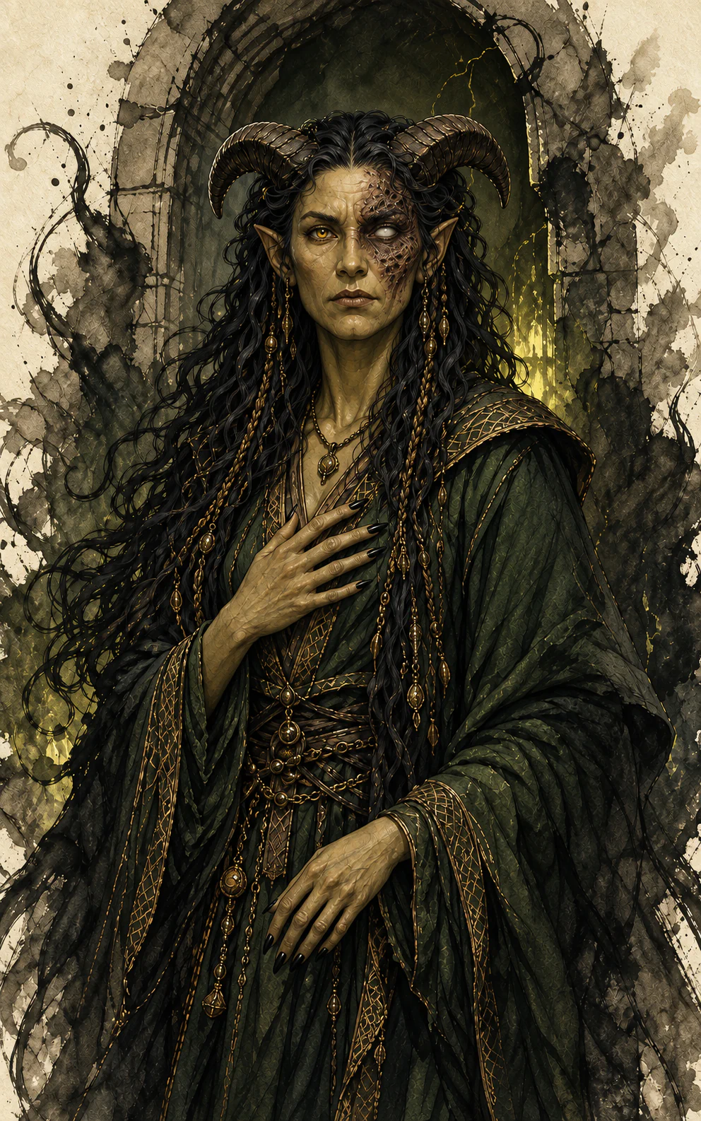 Maeril standing solemnly beneath a ruined dark arch with one scarred eye